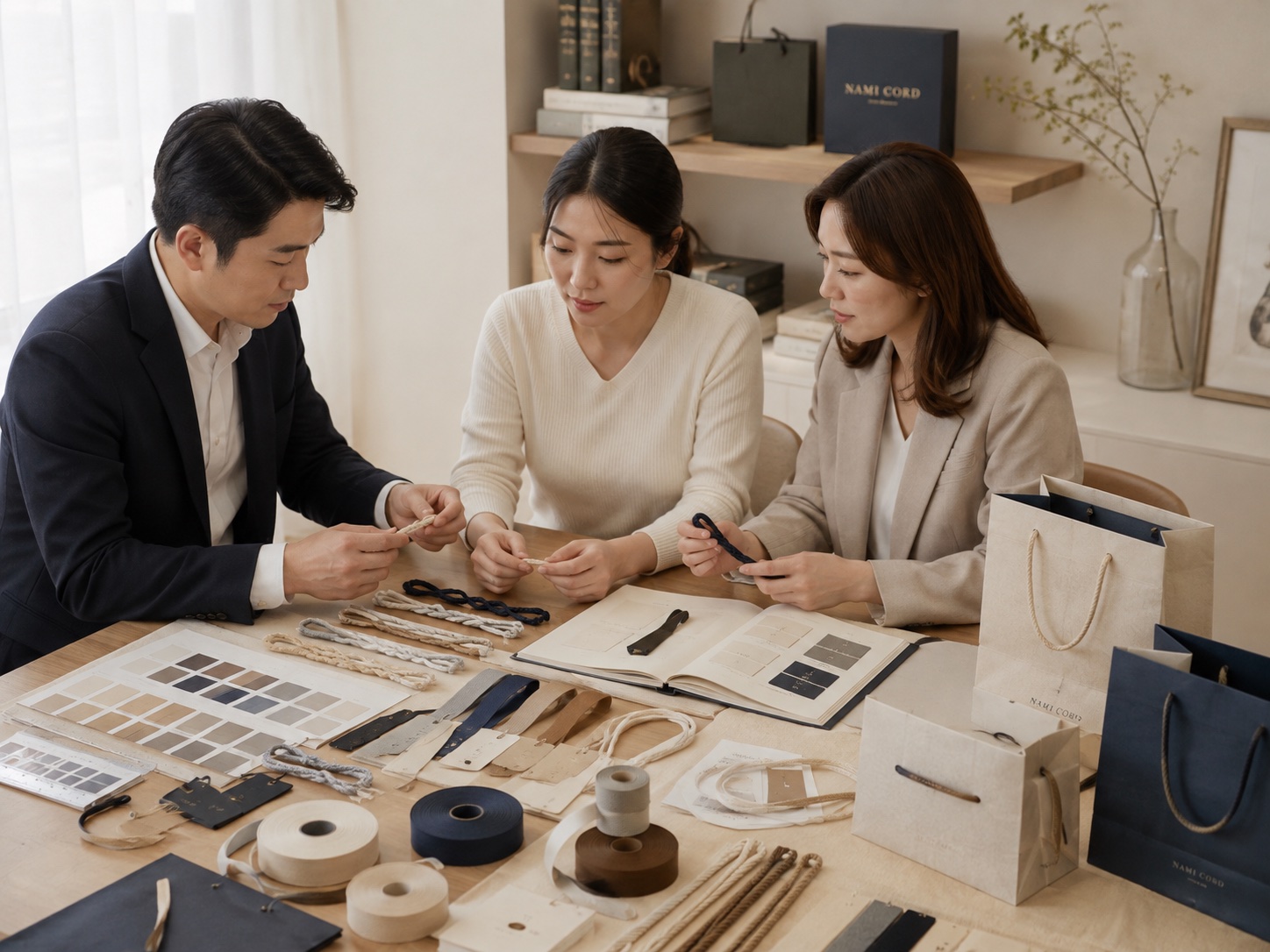 Nami Cord team reviewing cord and ribbon samples