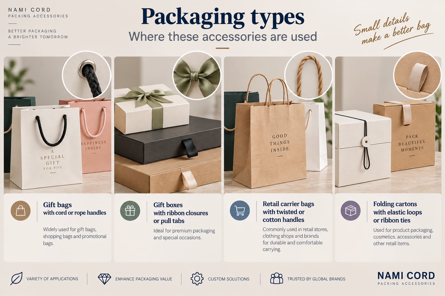 Packaging types: gift bags with cord or rope handles, gift boxes with ribbon closures or pull tabs, retail carrier bags with twisted or cotton handles, and folding cartons with elastic loops or ribbon ties