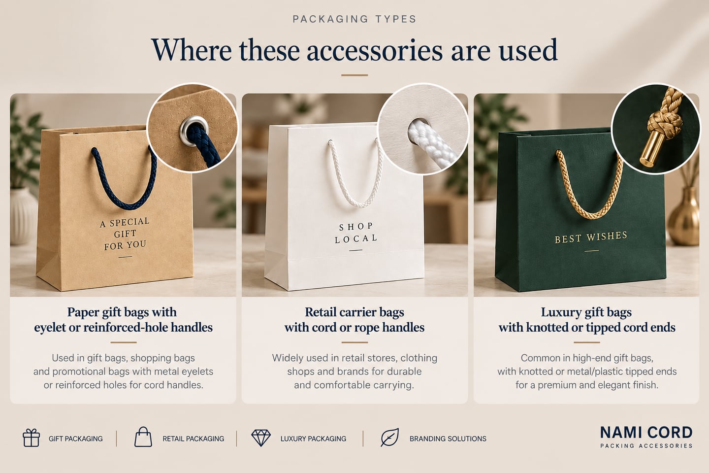Three packaging types: a kraft paper gift bag with an eyelet cord handle, a white retail carrier bag with a cord handle, and a green luxury gift bag with a knotted cord end