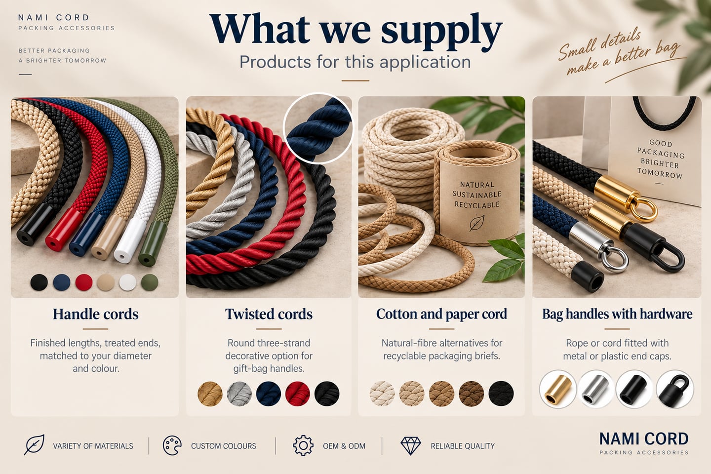 Four product groups: handle cords with treated ends, twisted cords, cotton and paper cord, and bag handles with metal or plastic end caps