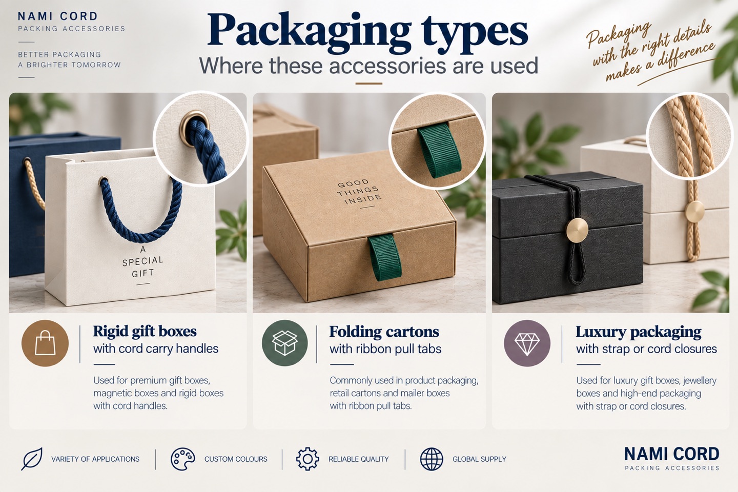 Three gift-box packaging types: a rigid gift box with a cord carry handle, a folding carton with a ribbon pull tab, and luxury packaging with a strap or cord closure