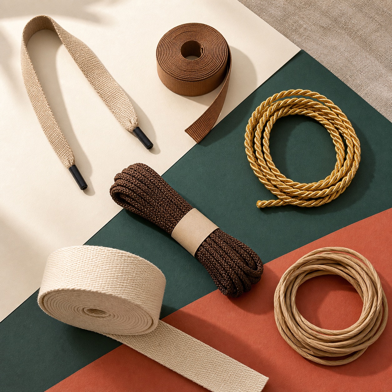 Assorted packaging cords and ribbons laid out on a work surface